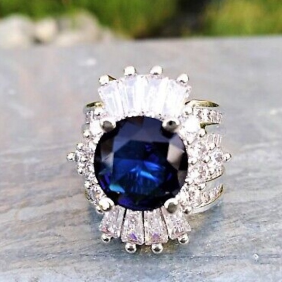 Blue Sapphire Sterling Silver Baguette Crown Statement Ring - Picture 11 of 14